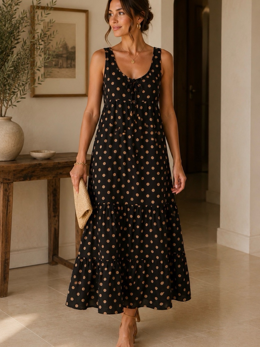 Cynthia Rowley Black and Tan Polka Dot Sleeveless Midi Dress size 6